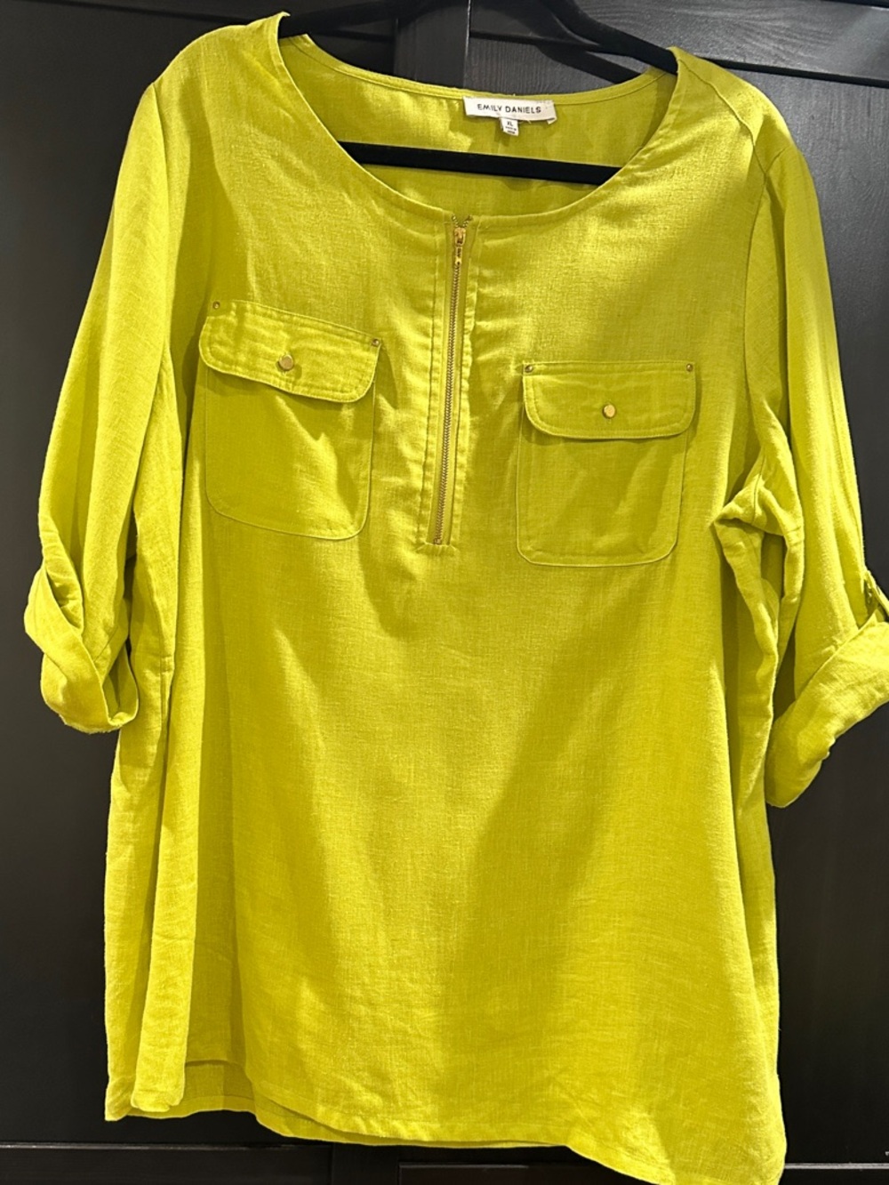Emily Daniels Lime Zip-Front Tunic 55% Linen 45% Rayon